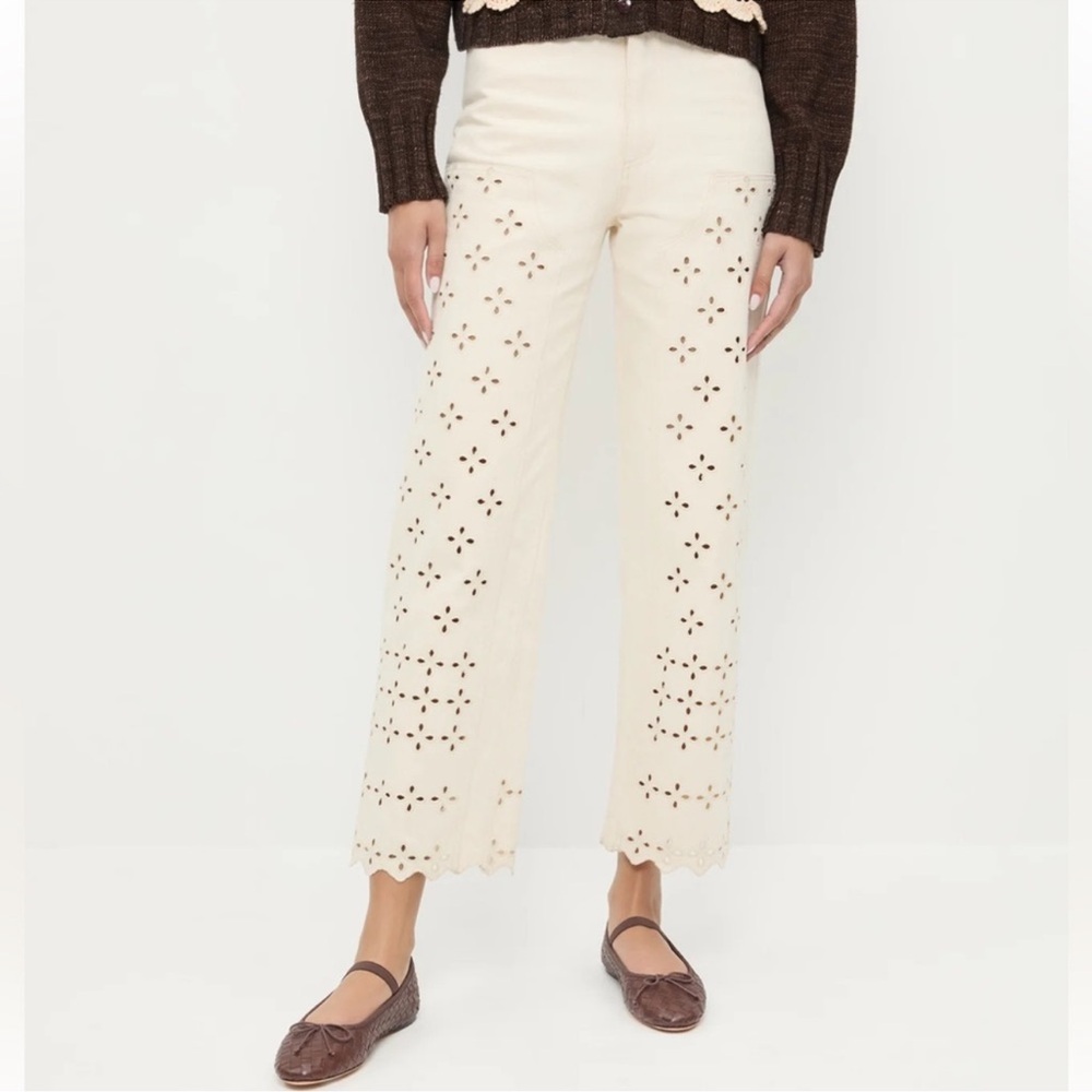 Loeffler Randall Demi Embroidered Pant Natural Eyelet Carpenter Jeans